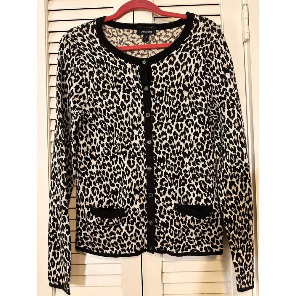 Lands' End Women's Supima Cotton Leopard Print Cardigan - Size S
